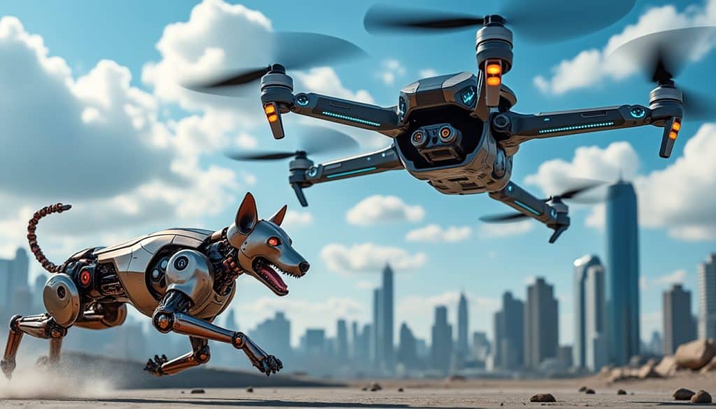 découvrez un affrontement éblouissant entre un drone high-tech et un chien-robot futuriste. plongez dans cet univers captivant où la technologie rencontre l'intelligence artificielle, et assistez à une bataille spectaculaire qui repousse les limites de l'innovation. ne manquez pas ce duel palpitant!