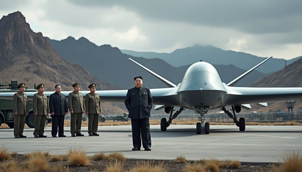 la corée du nord intensifie ses ambitions militaires en testant un drone géant, avec kim jong-un en inspection, marquant une nouvelle ère de conflits aériens sans pilote.