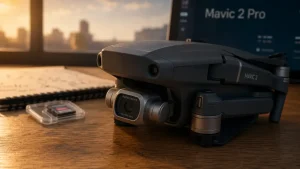 dji mavic pro 2 replié, capteur 1 pouce et hélices, vue détaillée}}