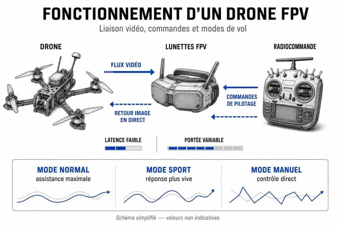 Fonctionnement du drone dji fpv avec lunettes FPV, radiocommande et signal vidéo