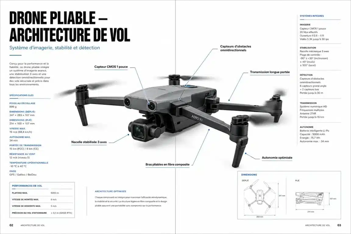 Schéma technique du dji mavic pro 2 avec capteur 1 pouce, nacelle 3 axes et transmission