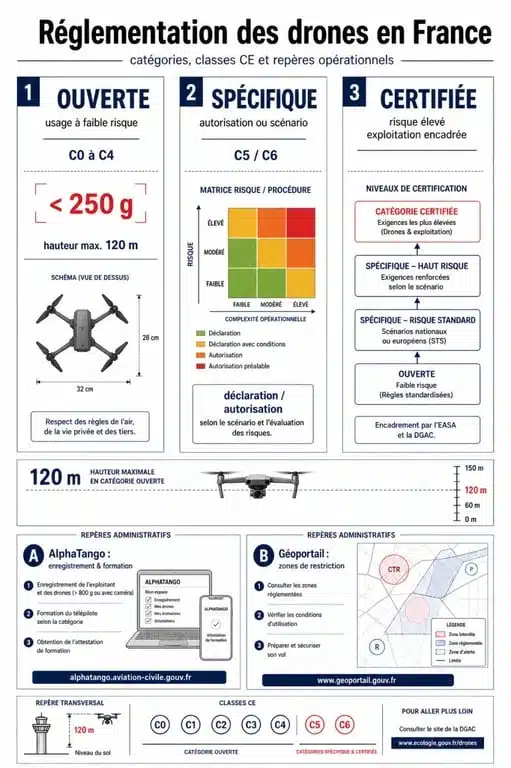 Réglementation des drones en France : catégories ouverte, spécifique et certifiée, classes CE C0 à C6 et principaux seuils