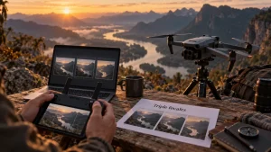 DJI Mavic 3 Pro pliable au lever du jour, drone sur trépied