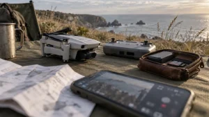 Drone dji mini se sur table : batterie, carte microSD et télécommande