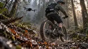 Drone suiveur sport filmant un vététiste en sous-bois