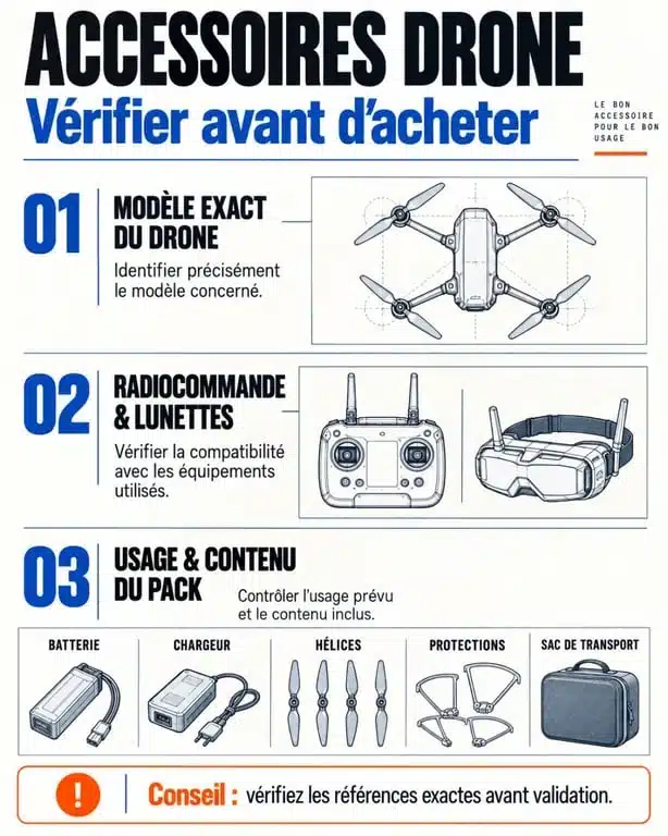 Infographie des accessoires pour drone et des contrôles de compatibilité avant achat