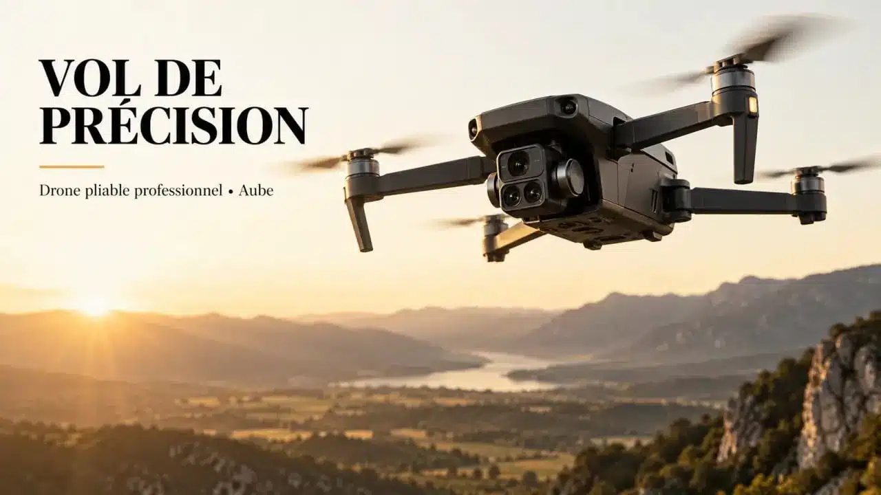 DJI Mavic 3 Pro en vol stationnaire au lever du jour
