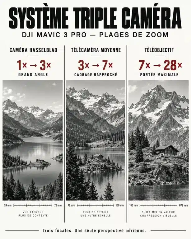 Infographie des trois focales du DJI Mavic 3 Pro et leurs usages