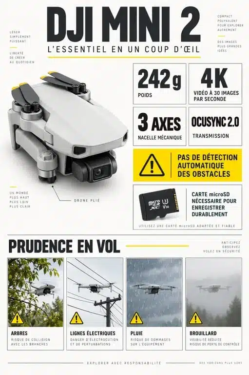 Infographie DJI Global Mini 2 avec poids, vidéo 4K, stabilisation et précautions de vol