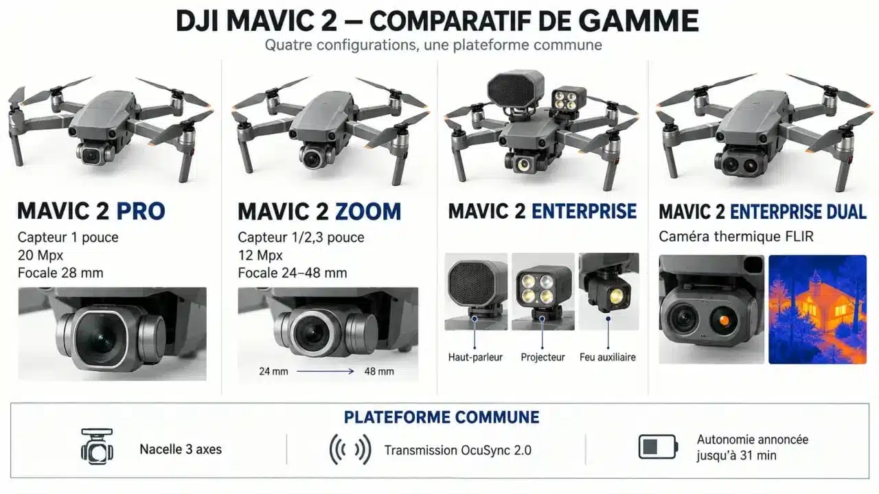 Infographie comparative des modèles DJI Mavic II Pro, Zoom, Enterprise et Enterprise Dual