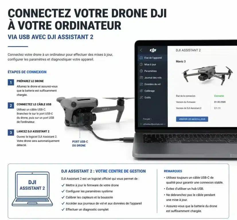 Interface du logiciel DJI Assistant 2 consumer drone series pour la mise à jour et calibration