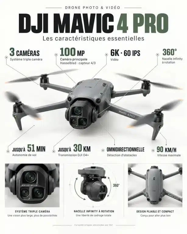 Infographie des caractéristiques du DJI Mavic 4 Pro : caméra Hasselblad, vidéo 6K, autonomie et nacelle 360 degrés