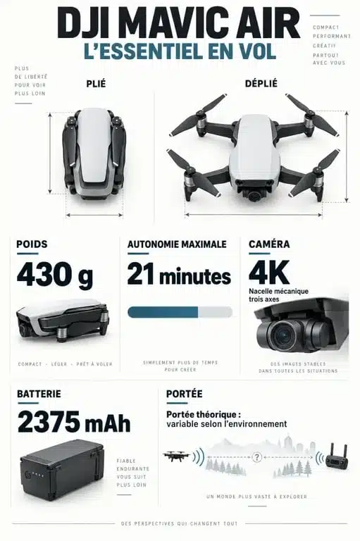 Infographie des caractéristiques du DJI Mavic Air : autonomie, poids, caméra 4K et dimensions