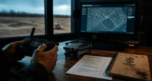 Pilotage de drone : télépilote avec télécommande et carte GéOPORTAIL pour la réglementation.