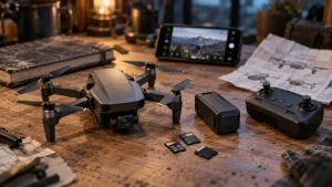 dji mavic 5 pro, mini 5 pro compact sur table, caméra et télécommande