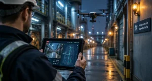 Drone autonome supervisé par un opérateur en usine, vision tablette
