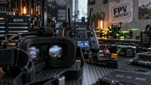 Drone avec casque virtuel compatible FPV, vue depuis le casque