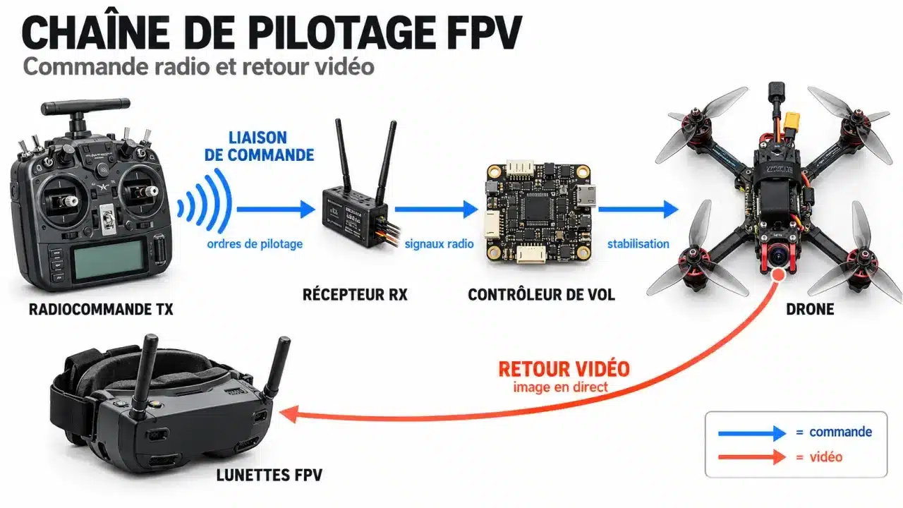Schéma de fonctionnement d’une radiocommande FPV entre transmetteur, récepteur et drone