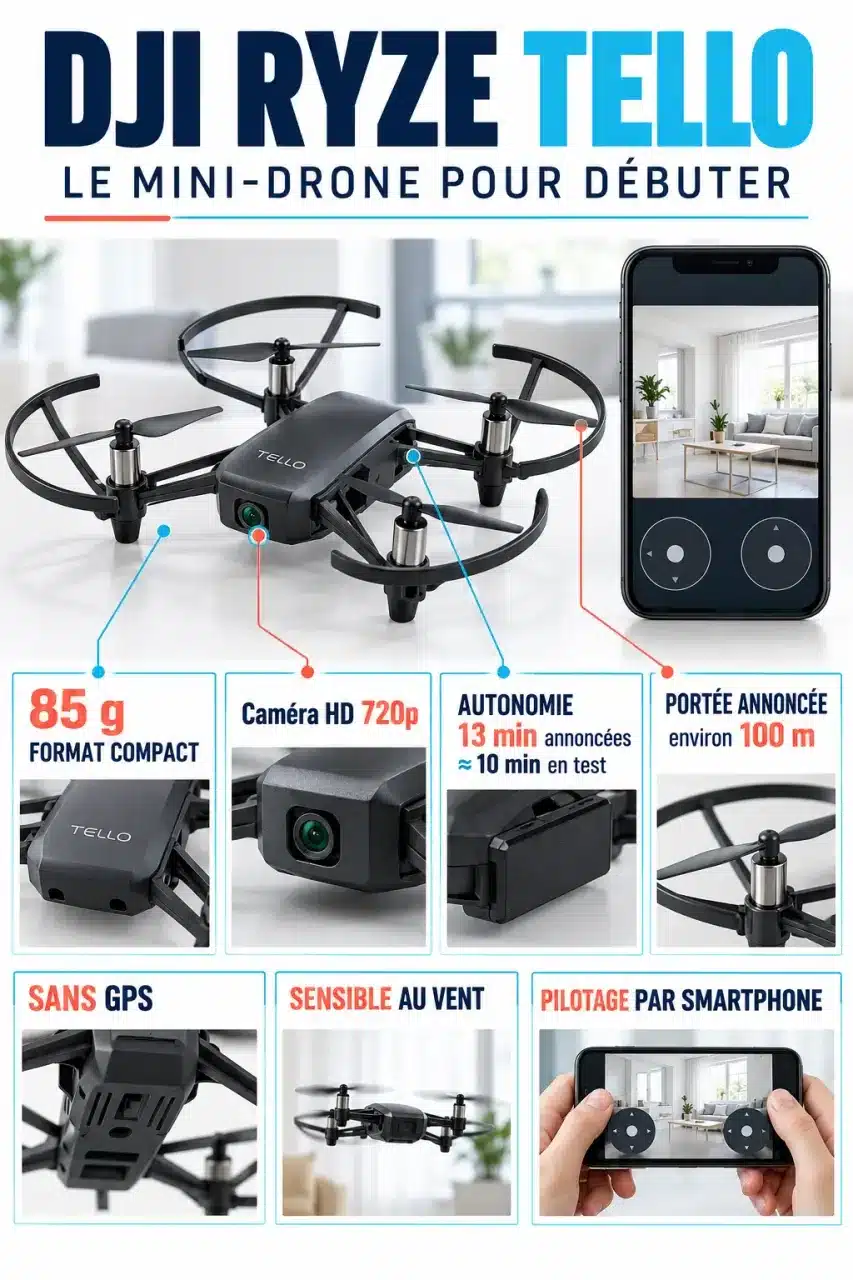 Infographie des caractéristiques et limites du DJI Ryze Tello