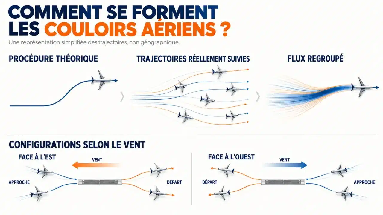 Infographie explicative sur les couloirs aériens en France, les trajectoires et les configurations face à l’est ou à l’ouest